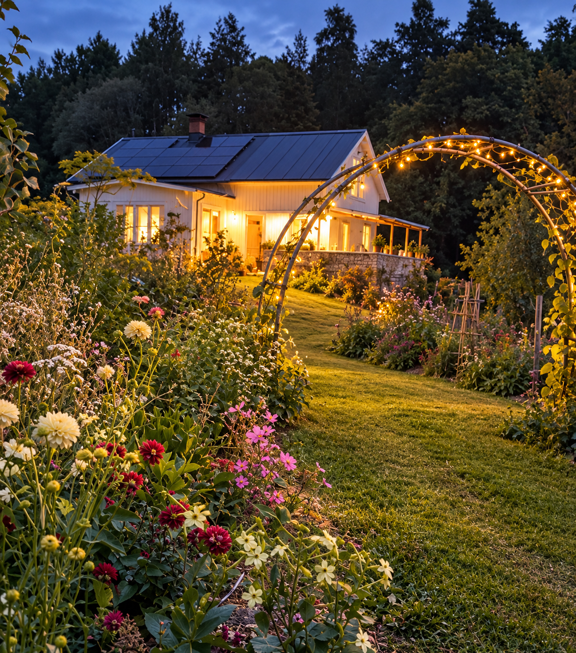 Ugglekullens trädgård och hus i varmt kvällsljus